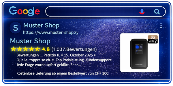 Beispiel kombinierter Rich Results (FAQ, Reviews, Trust-Signale)